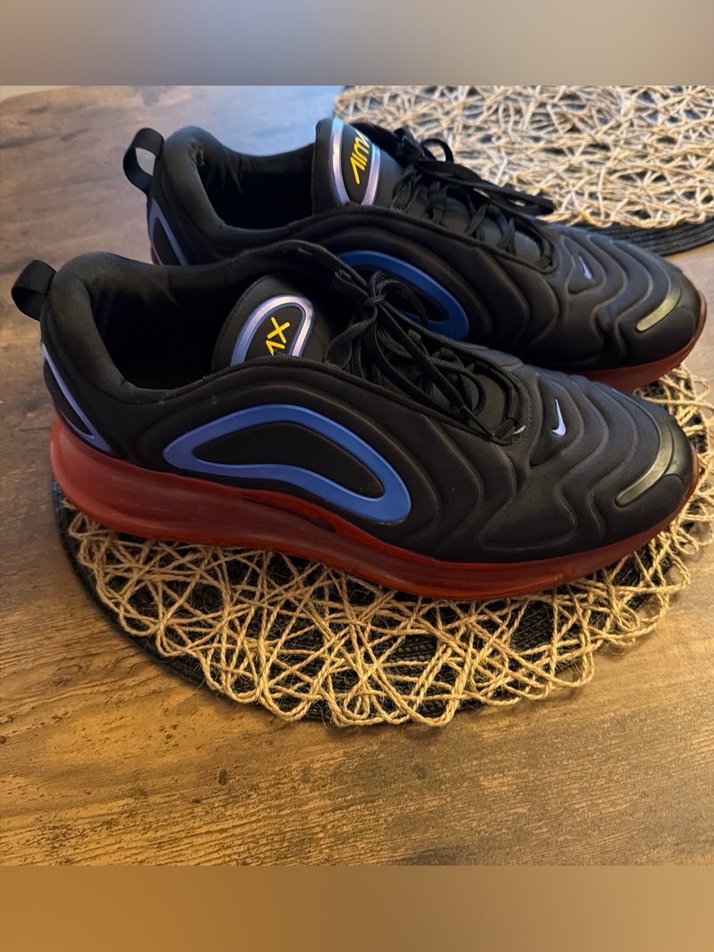 Men's Nike Air Max 720. Black & Blue Athletic Sneakers with Red Sole.